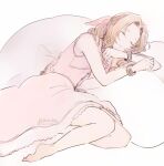  1girl aerith_gainsborough ancotsubu bangs bare_shoulders barefoot bracelet braid braided_ponytail brown_hair buttons closed_eyes dress final_fantasy final_fantasy_vii final_fantasy_vii_remake full_body hair_ribbon highres jacket jacket_removed jewelry long_dress parted_bangs pink_dress ribbon sidelocks sleeping solo wavy_hair white_background 