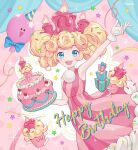  1girl :d artist_name balloon bare_arms birthday_cake birthday_cake_cookie blonde_hair blue_eyes blush cake candle cookie_run cupcake curly_hair dress english_text food gloves happy_birthday heartki highres holding holding_food humanization icing looking_at_viewer object_on_head open_mouth pom_pom_(clothes) ribbon short_hair sleeveless sleeveless_dress smile solo sprinkles star_(symbol) striped striped_dress twintails 