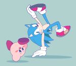  1boy absurdres animal_ears animal_nose aqua_background arm_up blue_eyes blue_fur blue_hair blush blush_stickers body_fur breakdance commentary_request cosplay crossover dancing flat_color furry furry_male gloves green_eyes grin happy highres kirby kirby_(series) leg_up long_hair looking_at_viewer male_focus miwa_(ahyuck) open_mouth outstretched_arms partial_commentary red_footwear shoes simple_background smile socks solid_oval_eyes sonic_(series) sonic_the_hedgehog sonic_the_hedgehog_(cosplay) spiky_hair spread_legs tail teeth two-tone_fur uneven_eyes upside-down white_gloves white_legwear 