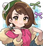  1girl bangs blush bob_cut brown_eyes brown_hair buttons closed_mouth collared_dress commentary_request cosplay dress earrings eyelashes fu_(tk1189227dhy) fur-trimmed_jacket fur_trim gloria_(pokemon) green_headwear hands_up hat hop_(pokemon) hop_(pokemon)_(cosplay) jacket jewelry pink_dress pokemon pokemon_(game) pokemon_swsh ribbon short_hair smile solo sparkle tam_o&#039;_shanter upper_body 
