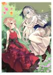  2girls angelica_rafa_redgrave black_bow blonde_hair blue_eyes blush bow breasts dress flower grey_dress grey_hair hair_behind_ear hair_bun highres long_hair multiple_girls mylene_rafa_holfort orange_flower otome_gee_sekai_wa_mob_ni_kibishii_sekai_desu pink_flower purple_footwear red_dress red_eyes shiosato_jun small_breasts v-shaped_eyebrows very_long_hair younger 