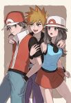  1girl 2boys bangs baseball_cap black_shirt black_wristband blue_oak blue_shirt border brown_background brown_eyes brown_hair bucket_hat closed_mouth grey_asa hair_flaps hat highres jacket jewelry leaf_(pokemon) long_hair multiple_boys necklace open_mouth pants pleated_skirt pokemon pokemon_(game) pokemon_frlg purple_pants red_(pokemon) red_headwear red_jacket red_skirt shirt short_hair skirt sleeveless sleeveless_jacket sleeveless_shirt smile spiky_hair symbol-only_commentary t-shirt tongue white_headwear wristband 