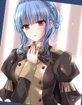  1girl bangs blue_hair blunt_bangs blush braid breasts brown_eyes buttons commentary_request crown_braid eyebrows_visible_through_hair fire_emblem fire_emblem:_three_houses garreg_mach_monastery_uniform kirishima_riona looking_at_viewer marianne_von_edmund medium_breasts short_hair sidelocks solo uniform upper_body 