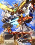 1boy absurdres aircraft airplane car clouds english_commentary fire_truck flying gao_ex_kaiser green_eyes ground_vehicle helmet highres holding holding_sword holding_weapon jet katana looking_at_viewer mecha motor_vehicle original police_car science_fiction shiny sky super_robot sword truck weapon 
