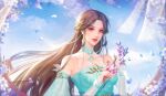  1girl absurdres blue_dress blue_sky branch brown_hair clouds doupo_cangqiong dress facial_mark flower forehead_mark gu_xun_er_(doupo_cangqiong) hair_ornament highres holding holding_branch light long_hair looking_at_viewer lu_xueqi_tongren_ye sky smile upper_body 