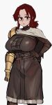  1girl alternate_breast_size breasts brown_tunic elden_ring hand_on_hip large_breasts mano_(manobece) millicent_(elden_ring) ponytail prosthesis prosthetic_arm red_eyes redhead white_background 