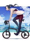  1girl absurdres bare_shoulders bicycle black_eyes black_hair blue_sky braid clouds cloudy_sky contrail ears_visible_through_hair eyelashes folding_bicycle ground_vehicle highres kyo_(kuroichigo) long_hair ocean open_mouth original pink_lips ponytail see-through sky solo sportswear tight 
