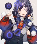  1girl absurdres bangs black_hair black_shorts blue_hair blue_jacket blue_neckerchief blue_sailor_collar blueberry food fruit gradient gradient_eyes gradient_jacket grey_eyes hair_ornament head_tilt highres jacket koujira long_hair long_sleeves looking_at_viewer low_twintails multicolored_eyes multicolored_hair neckerchief nijisanji pink_eyes pom_pom_(clothes) ponto_nei purple_hair red_sleeves sailor_collar school_uniform shirt shorts simple_background sleeves_past_wrists smile solo streaked_hair twintails virtual_youtuber white_background white_shirt 