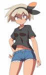 1girl abs alternate_costume bangs bea_(pokemon) black_hairband black_shirt blonde_hair blue_shorts blush bow_hairband closed_mouth commentary_request cowboy_shot denim denim_shorts grey_eyes hair_between_eyes hairband hand_on_hip highres juvenile kurachi_mizuki looking_at_viewer navel pokemon pokemon_(game) pokemon_swsh shirt short_hair short_shorts short_sleeves shorts solo t-shirt teenage tomboy white_background young