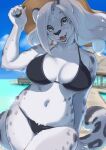  1girl animal_ears bikini black_bikini blue_sky body_fur breasts clouds collarbone commentary day eyes_visible_through_hair furry furry_female hand_on_headwear highres kikurage_(crayon_arts) large_breasts long_hair looking_at_viewer navel ocean open_mouth original outdoors sky smile solo swimsuit tail white_fur white_hair yellow_eyes 
