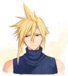  1boy armor_removed asymmetrical_hair blonde_hair blue_eyes blue_shirt falling_petals final_fantasy final_fantasy_vii final_fantasy_vii_remake hair_between_eyes krudears petals shirt sleeveless sleeveless_turtleneck solo spiky_hair turtleneck upper_body yellow_background 