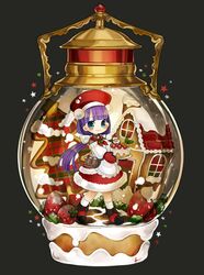  1girl apron beret blue_eyes cake dress fate/grand_order fate_(series) food fruit gingerbread_house hat highres long_hair martha_(fate) martha_(santa)_(fate) pom_pom_(clothes) purple_hair snow_globe strawberry sumifate 