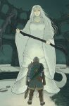  1girl 1other ambiguous_gender armor chosen_undead dark_souls_(series) dark_souls_i dragon_girl dress full_armor fur giganticbuddha highres horns knight long_hair looking_at_viewer monster_girl priscilla_the_crossbreed scythe slit_pupils snow tail weapon white_hair yellow_eyes 
