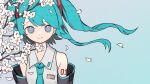  1girl aqua_eyes aqua_hair aqua_necktie bangs blue_background branch breasts cherry_blossoms closed_mouth collared_shirt detached_sleeves floating_hair grey_shirt hatsune_miku looking_at_viewer necktie neruzou petals shirt small_breasts smile solo tree twintails upper_body vocaloid 