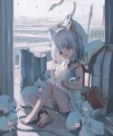  1girl animal animal_ear_fluff animal_ears bag barefoot cat_ears cat_girl chain child collar cuffs dress feet flower grey_eyes highres holding kanola legs mouth_hold open_mouth original rabbit ruins scenery short_dress short_hair sitting sleeveless sleeveless_dress soles thighs toes white_dress white_hair 