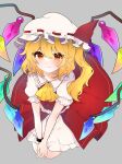  1girl ascot bangs blonde_hair closed_mouth crystal dress flandre_scarlet hat hat_ribbon highres looking_at_viewer mob_cap necono_(nyu6poko) one_side_up own_hands_together red_dress red_eyes red_ribbon ribbon short_sleeves smile solo touhou v_arms white_headwear wings yellow_ascot 