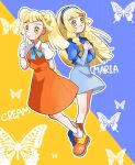  2girls aria_pkmn bangs blonde_hair blue_dress blue_hairband blue_ribbon body_blush braid butterfly_background character_name closed_mouth commentary_request cosplay cream_the_rabbit cream_the_rabbit_(cosplay) dress eyelashes gloves green_eyes hairband hands_up highres lillie_(pokemon) long_hair looking_up loose_socks maria_robotnik maria_robotnik_(cosplay) multiple_girls neck_ribbon orange_dress orange_footwear outline own_hands_together parted_lips pokemon pokemon_(game) pokemon_sm purple_background ribbon shirt shoes short_sleeves smile sonic_(series) twin_braids white_gloves white_legwear white_shirt yellow_background 