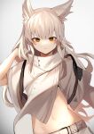  1girl absurdres animal_ears arknights bangs brown_eyes commentary crop_top eyebrows_visible_through_hair grey_background hand_up highres horse_ears jacket long_hair looking_at_viewer midriff navel platinum_(arknights) solo stomach sunawachi_yu upper_body white_hair white_jacket 