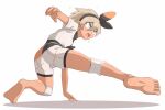  1girl arm_support bangs barefoot bea_(pokemon) black_bodysuit black_hairband blonde_hair bodysuit bodysuit_under_clothes bow_hairband collared_shirt commentary_request grey_eyes hair_between_eyes hairband knee_pads kurachi_mizuki open_mouth pokemon pokemon_(game) pokemon_swsh print_shirt print_shorts shirt short_hair short_sleeves shorts soles solo squatting teeth toes tongue upper_teeth white_background 