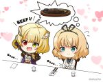  2girls :d armor bangs black_gloves black_ribbon black_shirt blazer blonde_hair blue_eyes blush breastplate charlotte_(shironeko_project) chibi closed_mouth collared_shirt commentary_request cup drinking_glass english_text fang flying_sweatdrops food fork gloves gochuumon_wa_usagi_desu_ka? good_meat_day green_eyes grey_jacket hair_ribbon heart heart_background heterochromia holding holding_fork holding_knife hungry jacket kirima_syaro knife meat mitya multiple_girls necktie on_chair outstretched_arm plaid_necktie red_eyes ribbon school_uniform shironeko_project shirt simple_background sitting smile stomach_growling table twitter_username v-shaped_eyebrows water white_background 