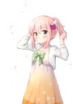  1girl blush bow bowtie breasts chiyoda_momo collarbone dress green_bow green_bowtie green_eyes highres kuramoto_takato looking_at_viewer machikado_mazoku open_mouth pink_hair ponytail shiny shiny_hair shiny_skin simple_background small_breasts solo standing white_background 