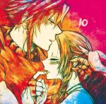  1boy 1girl 39cva aerith_gainsborough bangs blush braid braided_ponytail cape choker claws closed_eyes cloud_strife couple final_fantasy final_fantasy_vii fingerless_gloves gloves hair_ribbon hand_in_another&#039;s_hair highres holding_hands kingdom_hearts licking licking_finger limited_palette parted_bangs pink_background red_cape ribbon sidelocks sleeveless sleeveless_turtleneck spiky_hair turtleneck upper_body wavy_hair 