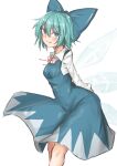  1girl absurdres arms_behind_back bangs blue_bow blue_eyes blue_hair bow cirno closed_mouth collared_shirt eyebrows_visible_through_hair hair_between_eyes hair_bow highres ice ice_wings kuraki long_sleeves looking_at_viewer shirt short_hair simple_background smile solo standing touhou white_background white_shirt wings 