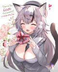  1girl :d absurdres animal_ear_fluff animal_ears artist_name bangs between_breasts black_necktie blush box breasts cat_ears cat_girl cat_tail closed_eyes commentary_request dress english_text eyebrows_visible_through_hair facing_viewer fang flower gift grey_dress grey_hair grey_headwear heart heart-shaped_box highres hitowa holding holding_gift long_sleeves milestone_celebration multicolored_hair necktie necktie_between_breasts open_mouth original pink_flower pink_rose red_ribbon redhead ribbon rose simple_background sleeves_past_wrists smile solo streaked_hair tail translation_request twitter_username two-tone_hair upper_body white_background 
