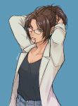  1other adelnath androgynous brown_eyes brown_hair coat denim glasses hair_tie hange_zoe highres jeans labcoat mouth_hold pants shingeki_no_kyojin signature solo tying_hair upper_body v-neck white_coat 