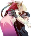  1boy 1girl aerith_gainsborough arm_ribbon armor asymmetrical_hair black_gloves black_shirt blonde_hair blue_eyes bracelet braid braided_ponytail brown_hair cloud_strife collaboration couple cropped_jacket crying dress final_fantasy final_fantasy_vii final_fantasy_vii_advent_children ghost gloves hair_ribbon high_collar highres jacket jewelry long_dress mikuroron muscular muscular_male open_collar outstretched_arms parted_lips pink_dress reaching_out red_jacket ribbon shirt shoulder_armor sidelocks spiky_hair strap talesofmea tears transparent upper_body white_background 