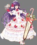  breasts christmas date_a_live doughnut dress fantasia_re:build food frilled_dress frills fruit gloves hair_ornament high_heels highres long_hair medium_breasts mittens non-web_source official_art ponytail purple_hair strawberry sword tsunako very_long_hair violet_eyes weapon yatogami_tooka 