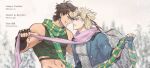  2boys battle_tendency blonde_hair blue_eyes brown_hair caesar_anthonio_zeppeli collaboration face-to-face facial_mark feather_hair_ornament feathers fingerless_gloves gloves green_eyes green_scarf grin hair_ornament headband highres jojo_no_kimyou_na_bouken joseph_joestar joseph_joestar_(young) male_focus mubebe_0p multicolored_clothes multicolored_scarf multiple_boys pink_scarf ranch_jjba scarf scarf_grab smile striped striped_scarf triangle_print vertical-striped_scarf vertical_stripes yellow_scarf 