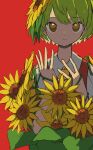 1girl ascot bangs closed_mouth collared_shirt flower green_hair hair_flower hair_ornament highres kazami_yuuka leaf looking_at_viewer neruzou plant red_background red_eyes red_vest shirt short_hair short_sleeves solo sunflower touhou upper_body vest vines white_shirt yellow_ascot 