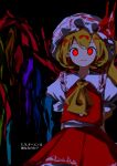  1girl absurdres arms_behind_back ascot bangs black_background blonde_hair bow buttons collar collared_shirt cowboy_shot flandre_scarlet frilled_collar frilled_sleeves frills glowing glowing_eyes hat highres looking_at_viewer mob_cap neruzou one_side_up parted_lips puffy_short_sleeves puffy_sleeves red_bow red_eyes red_skirt red_vest shirt short_hair short_sleeves skirt skirt_set smile solo touhou translation_request vest white_shirt wings yellow_ascot 
