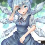  1girl :d absurdres arm_up blue_dress blue_eyes blue_hair blurry blush bokeh bow breasts cirno depth_of_field dress eyebrows_visible_through_hair hair_between_eyes hair_bow head_tilt highres ice ice_wings looking_at_viewer naganegi_(yvee2588) neck_ribbon open_mouth pinafore_dress puffy_short_sleeves puffy_sleeves red_ribbon ribbon shirt short_hair short_sleeves simple_background sitting smile solo touhou white_shirt wings 