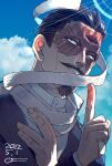 1boy black_hair brown_eyes dated day facial_hair golden_kamuy hair_slicked_back hand_on_own_chest highres index_finger_raised lens_flare looking_at_viewer mustache neko_meshi_ya outdoors ribbon scar tsurumi_tokushirou upper_body white_ribbon 