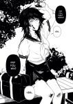  1girl bag bench black_hair blood blood_on_clothes blood_on_face bruise can commentary english_text highres injury monochrome original right-to-left_comic school_bag school_uniform serafuku sitting soda_can solo speech_bubble vermilli000n 