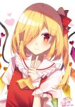  1girl alternate_hairstyle ascot bangs chisiro_unya_(unya_draw) closed_mouth crystal dated eyebrows_visible_through_hair flandre_scarlet hair_over_one_eye hair_ribbon heart highres index_finger_raised long_hair looking_at_viewer no_hat no_headwear one_side_up puffy_short_sleeves puffy_sleeves red_eyes red_ribbon ribbon short_sleeves signature simple_background solo touhou upper_body white_background wings yellow_ascot 