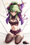  1girl anger_vein arms_up black_legwear black_mask blush bound bound_wrists breasts breath crop_top cropped_jacket doyamona genshin_impact green_hair hair_between_eyes hair_ornament highres jacket kneeling kuki_shinobu long_hair looking_at_viewer mask mask_removed midriff mouth_mask navel open_clothes open_jacket open_mouth ponytail purple_jacket restrained short_shorts shorts solo thigh-highs violet_eyes 