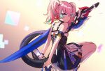  1girl absurdres bangs black_dress blue_eyes closed_mouth dress highres honkai_(series) honkai_impact_3rd long_hair looking_at_viewer looking_back pink_hair rozaliya_olenyeva rozaliya_olenyeva_(fervent_tempo) sleeveless sleeveless_dress solo sword tail twintails weapon yun-yang 