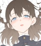  1girl absurdres bangs blue_eyes blush brown_hair eyebrows_visible_through_hair face flat_color hair_between_eyes highres kyokucho lips looking_at_viewer maid_headdress medium_hair original parted_lips signature simple_background solo tearing_up white_background 