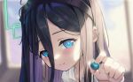  1girl absurdres arisu_(blue_archive) bangs black_hair black_hairband blue_archive blue_eyes blurry blurry_background blush collared_shirt colored_inner_hair depth_of_field eyelashes hair_between_eyes hairband halo hand_up highres holding incoming_food limi26 long_bangs long_hair looking_at_viewer multicolored_hair portrait purple_hair shirt smile solo sunlight white_shirt 