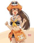  1girl brown_hair closed_eyes facing_viewer guilty_gear guilty_gear_strive hat highres long_hair may_(guilty_gear) midriff mil17459623 navel pirate_hat running skull_and_crossbones straight_hair summer swimsuit 