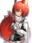  1girl absurdres animal_ears arknights armor eyebrows_visible_through_hair flametail_(arknights) gauntlets hair_between_eyes highres long_hair looking_at_viewer open_mouth redhead simple_background solo tab_head tail tears wavy_mouth white_background 