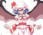  1girl bat_wings bow brooch dress frilled_shirt frilled_shirt_collar frilled_sleeves frills hat hat_ribbon highres jewelry kurachi_mizuki mob_cap pink_dress puffy_short_sleeves puffy_sleeves purple_hair red_bow red_eyes red_ribbon remilia_scarlet ribbon ribbon_trim sash shirt short_hair short_sleeves solo touhou wings 