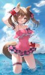  1girl absurdres animal_ears arm_up armpits bangs bare_shoulders blush bow breasts brown_hair casual_one-piece_swimsuit clouds collarbone commentary_request covered_navel day etesumsom frilled_swimsuit frills hair_bow highres horizon horse_ears horse_girl horse_tail leg_garter looking_at_viewer medium_breasts medium_hair mountain ocean one-piece_swimsuit one_eye_closed open_mouth outdoors pink_swimsuit shading_eyes smart_falcon_(umamusume) smile solo sunlight swimsuit tail teeth twintails umamusume upper_teeth wading water water_drop wrist_cuffs 