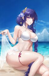  1girl absurdres bare_shoulders beach bikini bikini_skirt blue_sky braid braided_ponytail breasts clearpage clouds flower genshin_impact hair_flower hair_ornament highres large_breasts leaning_to_the_side long_hair looking_at_viewer mole mole_under_eye navel parted_lips purple_hair raiden_shogun sand see-through_skirt sitting skirt skirt_hold sky solo stomach strap_gap string_bikini swimsuit thigh_strap thighs very_long_hair violet_eyes water wet white_bikini 