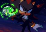 1boy black_fur bracelet catrage_miau chaos_emerald frown gauntlets gem gloves glowing grabbing green_gemstone highres jewelry looking_at_viewer male_focus multicolored_fur night night_sky pointy_nose red_eyes red_fur shadow_the_hedgehog sky solo sonic_(series) star_(sky) starry_sky sunset white_fur 