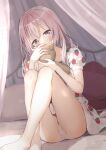  1girl bangs barefoot bed blush canopy_bed collarbone commentary_request covering_mouth dress eyebrows_visible_through_hair feet_out_of_frame food_print grey_eyes hair_between_eyes highres holding holding_stuffed_toy inui_sajuna knees_up long_hair looking_at_viewer neki_(wakiko) on_bed panties pillow pink_hair print_dress puffy_short_sleeves puffy_sleeves short_sleeves sitting solo sono_bisque_doll_wa_koi_wo_suru strawberry_print stuffed_animal stuffed_toy teddy_bear underwear white_dress white_panties 