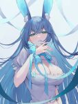  1girl absurdres animal_ear_fluff animal_ears arm_at_side bangs blue_eyes blue_hair blue_ribbon breasts choker cleavage_cutout clothing_cutout commentary copyright_request crossed_bangs eyebrows_visible_through_hair frilled_shirt frills grey_shirt hand_up highres large_breasts light_blush long_hair looking_at_viewer parted_lips puffy_short_sleeves puffy_sleeves rabbit_ears ribbon ribbon_choker shirt short_sleeves solo straight_hair symbol-only_commentary upper_body wrist_ribbon yoru_(0_0yoru) 